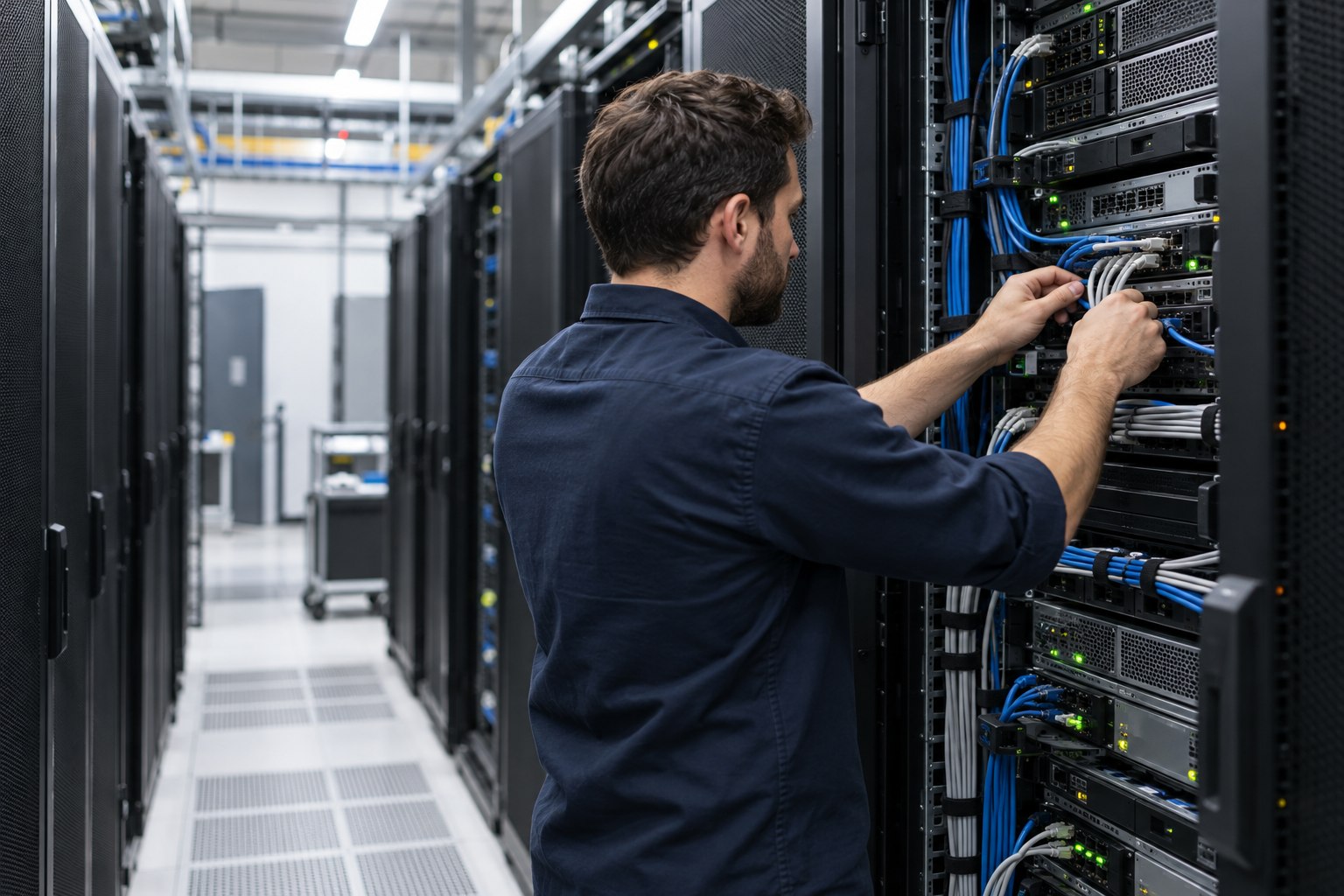 Vérification des connexions dans une salle de serveurs